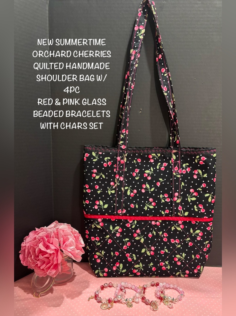 NEW ORCHARD CHERRIES QUILTED TOTE BAG WITH 4 PC GLASS BEADED BRACELETS & CHARMS